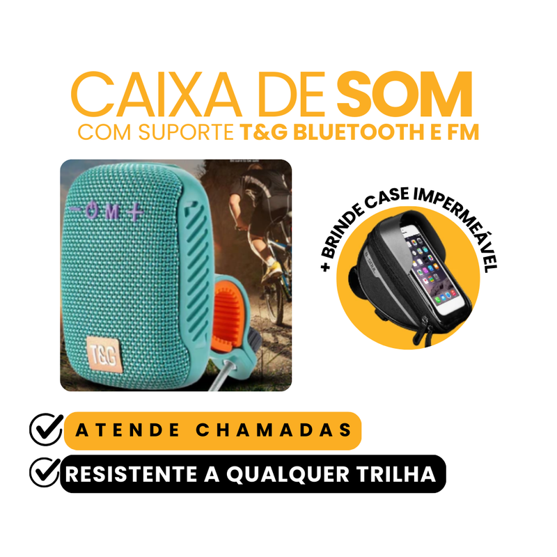 Caixa de Som com Suporte T&G Bluetooth e FM | BRINDE CASE IMPERMEÁVEL