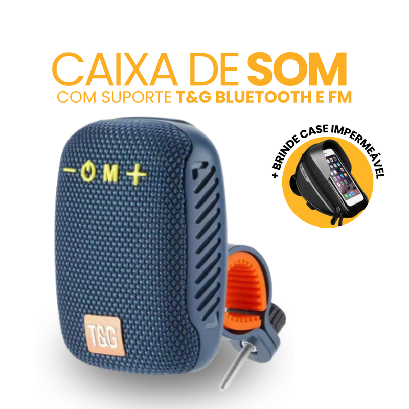 Caixa de Som com Suporte T&G Bluetooth e FM | BRINDE CASE IMPERMEÁVEL