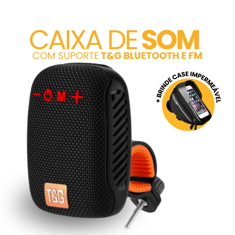 Caixa de Som com Suporte T&G Bluetooth e FM | BRINDE CASE IMPERMEÁVEL