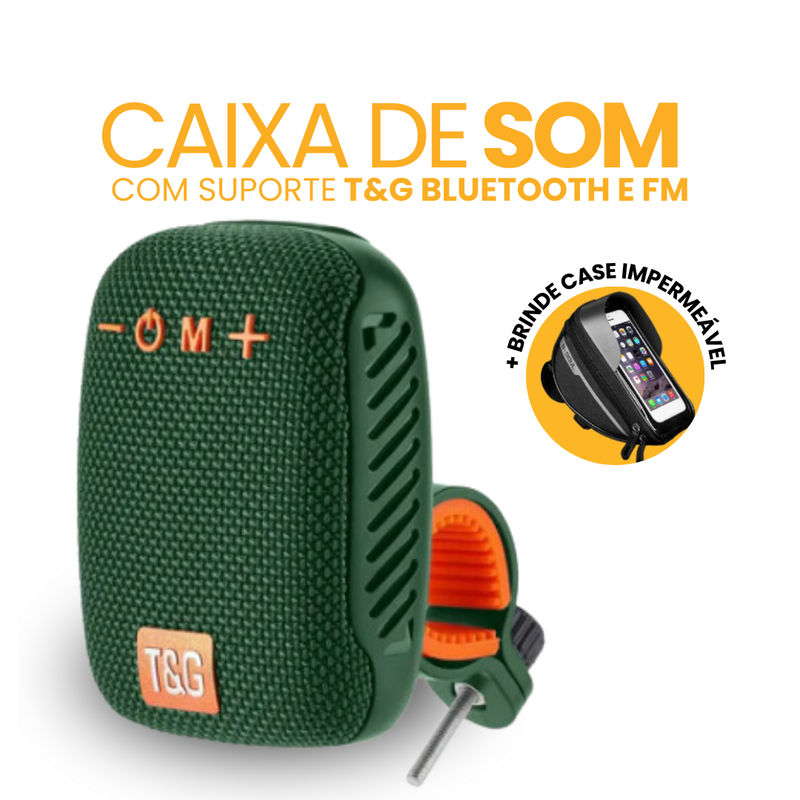 Caixa de Som com Suporte T&G Bluetooth e FM | BRINDE CASE IMPERMEÁVEL