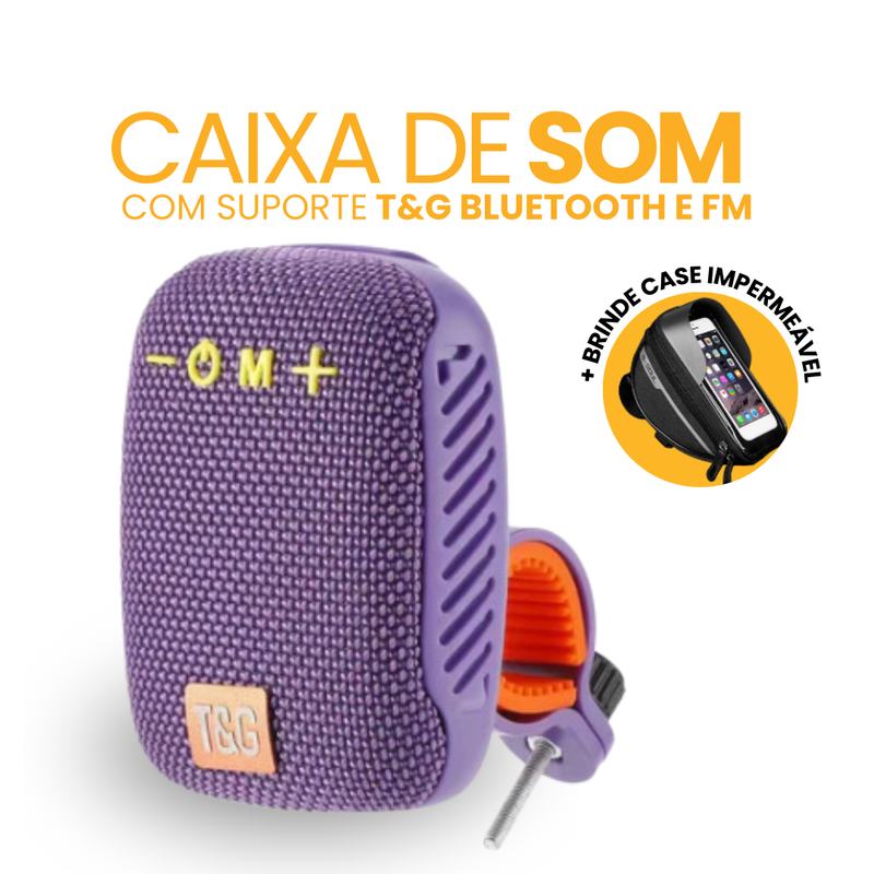 Caixa de Som com Suporte T&G Bluetooth e FM | BRINDE CASE IMPERMEÁVEL